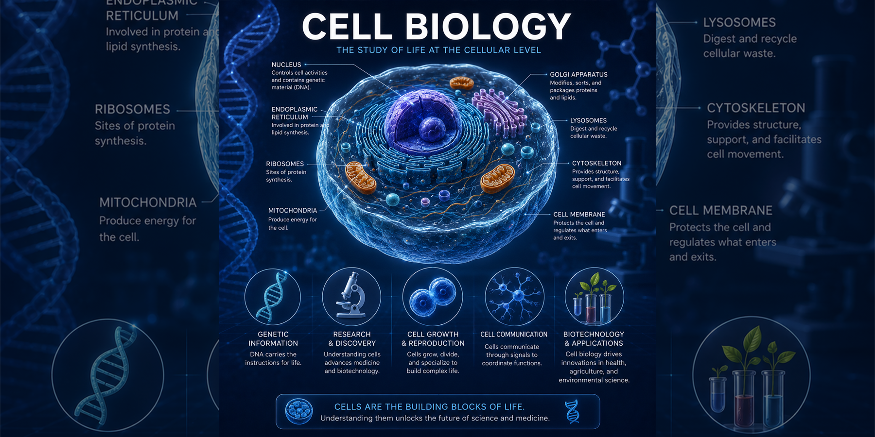 Cell Biology overview with cell organelles, nucleus, mitochondria, ribosomes, genetic information, research, cell growth, communication, and biotechnology concepts