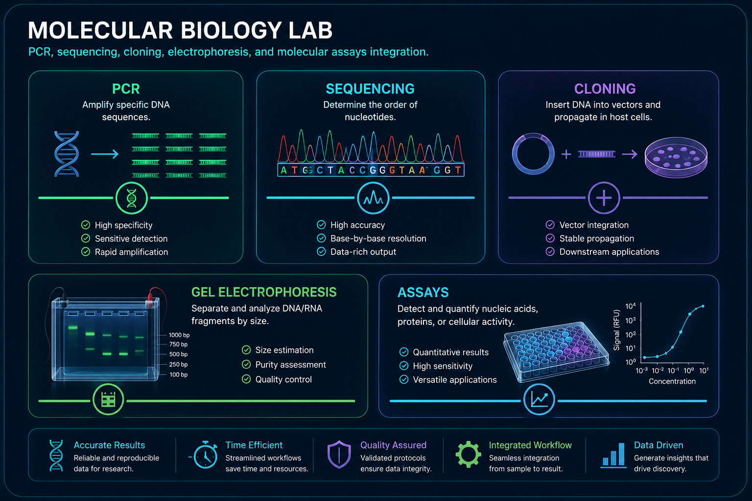 Molecular Biology Lab overview showing PCR, sequencing, cloning, gel electrophoresis, assays, and integrated molecular workflow