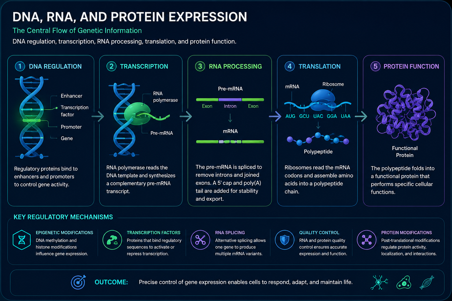 DNA, RNA, and protein expression sequence showing DNA regulation, transcription, RNA processing, translation, protein function, and key regulatory mechanisms
